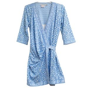 Gretchen Scott Sz XL Blue Geometric Print Wrap Robe Kimono Resort Retro Stretch